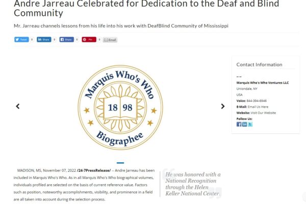Screenshot of Press Release with title Andre Jarreau Celebrated for Dedication to the Deaf and Blind Community